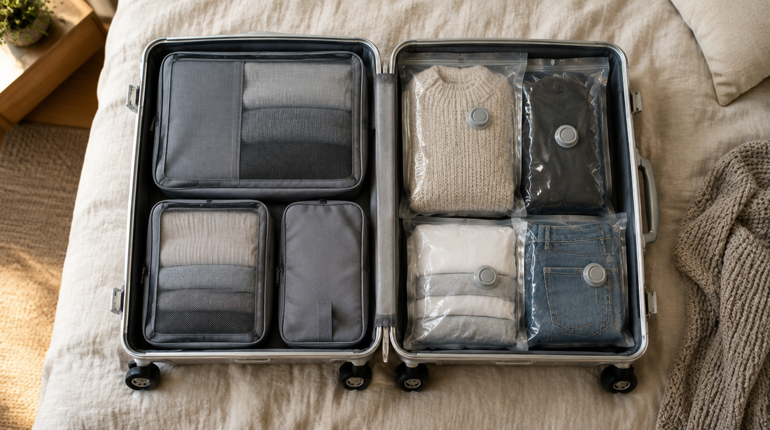 Offener Aluminiumkoffer mit ordentlich gepackten Packwürfeln und Vakuumbeuteln