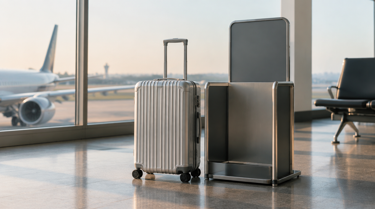 Aluminiumkoffer neben einer Handgepäck-Messvorrichtung am Flughafen-Gate