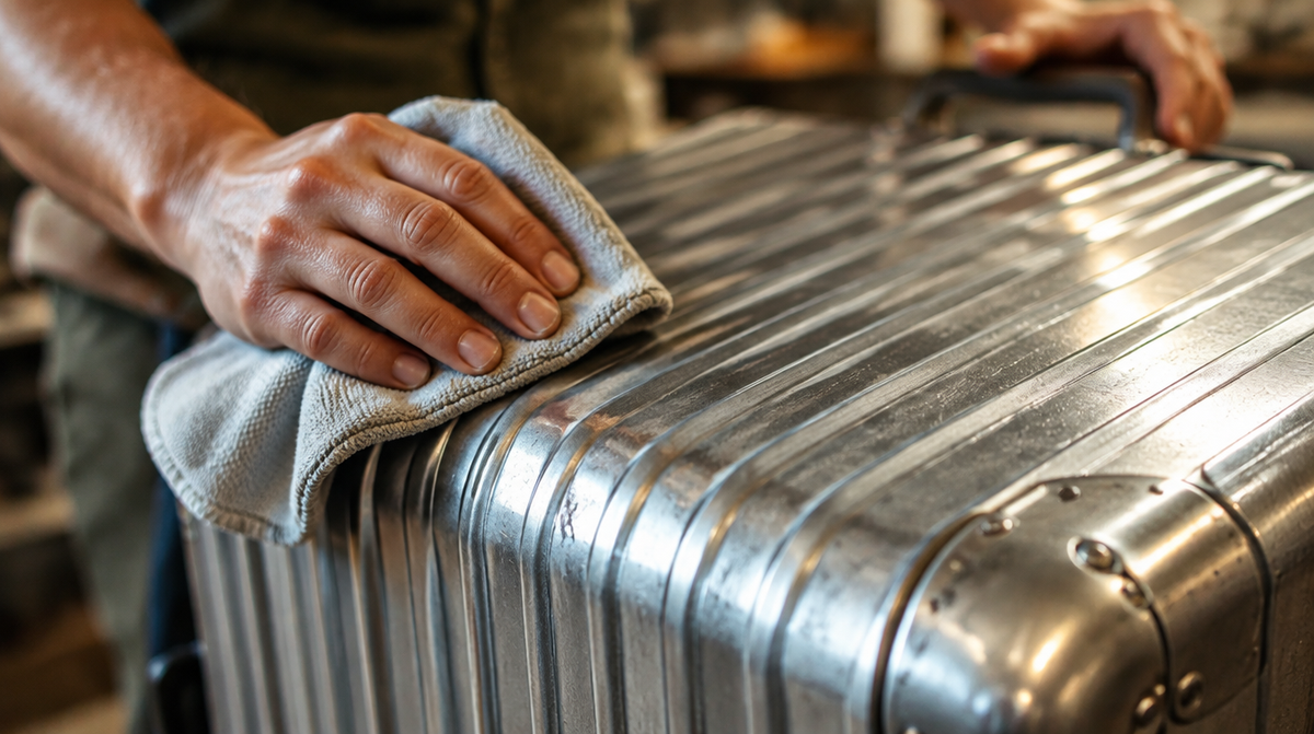 Hand poliert die Schale eines Aluminiumkoffers mit einem weichen Tuch