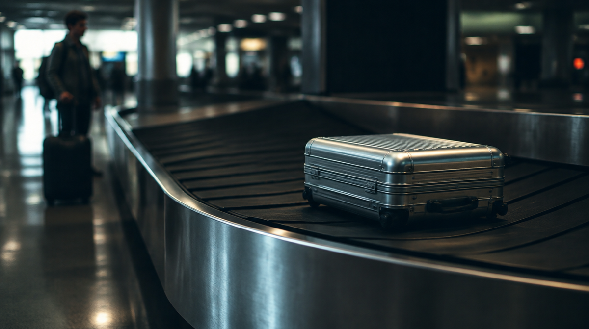 Gepäckband am Flughafen mit einem einzelnen Aluminiumkoffer
