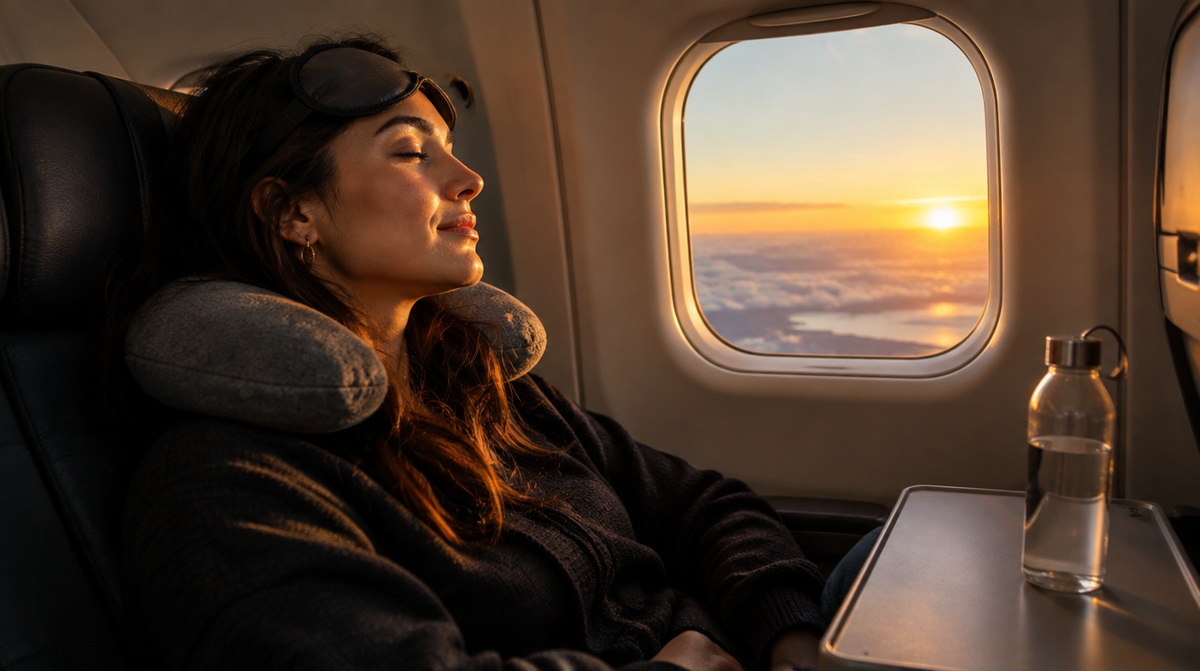 Reisender ruht am Flugzeugfenster bei Sonnenaufgang auf einem Langstreckenflug