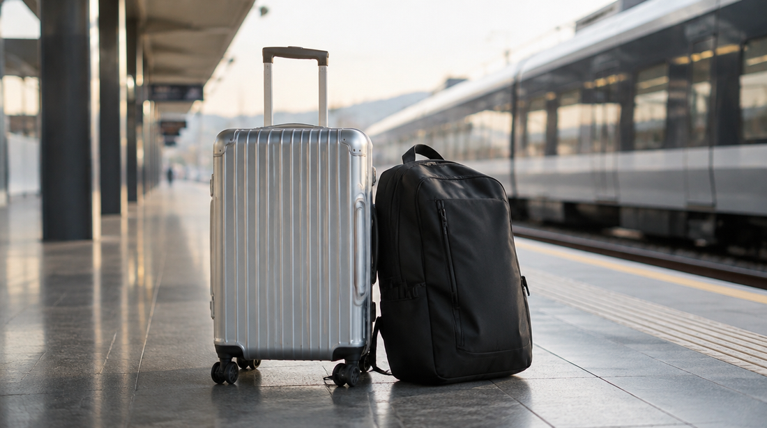 Aluminiumkoffer und Reiserucksack nebeneinander auf einem Bahnsteig