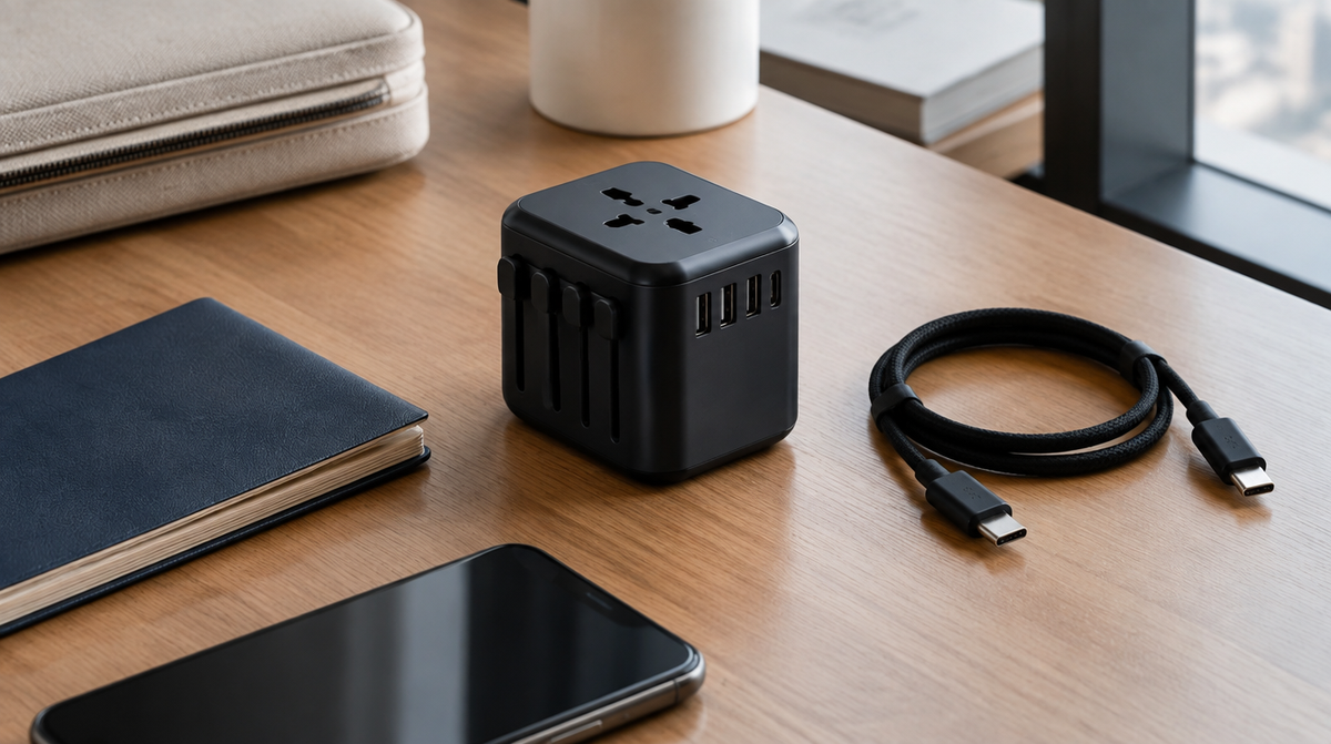 Universal-Reiseadapter mit USB-C-Kabeln auf einem Hotelschreibtisch neben Reisepass