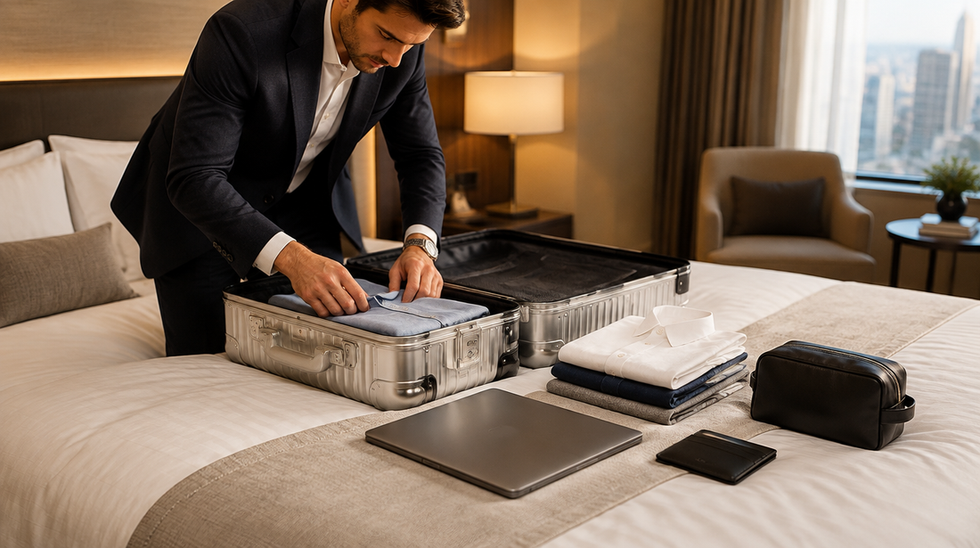 Geschäftsreisender packt einen Aluminiumkoffer auf dem Hotelbett, Hemden und Laptop bereitgelegt